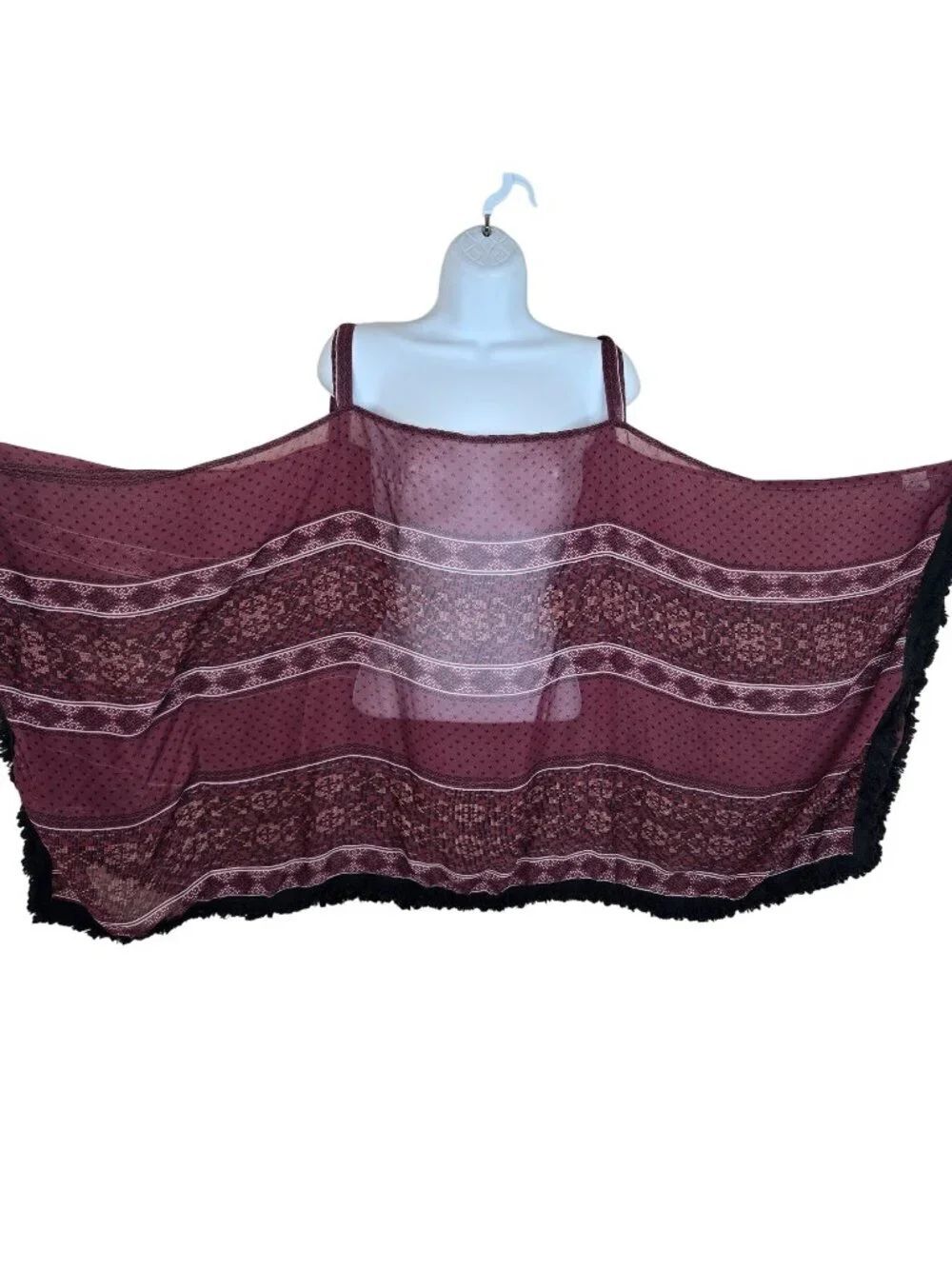 RU Apparel Sheer Burgundy Poncho Top Black Fringe Hem Size M Western
